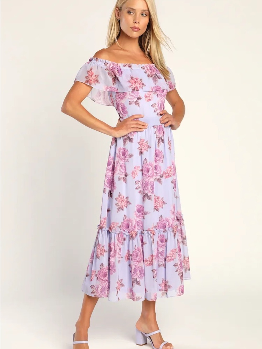 Lulus Mimosa Moments Purple Floral Off-The-Shoulder Tiered Midi Dress XS NEW